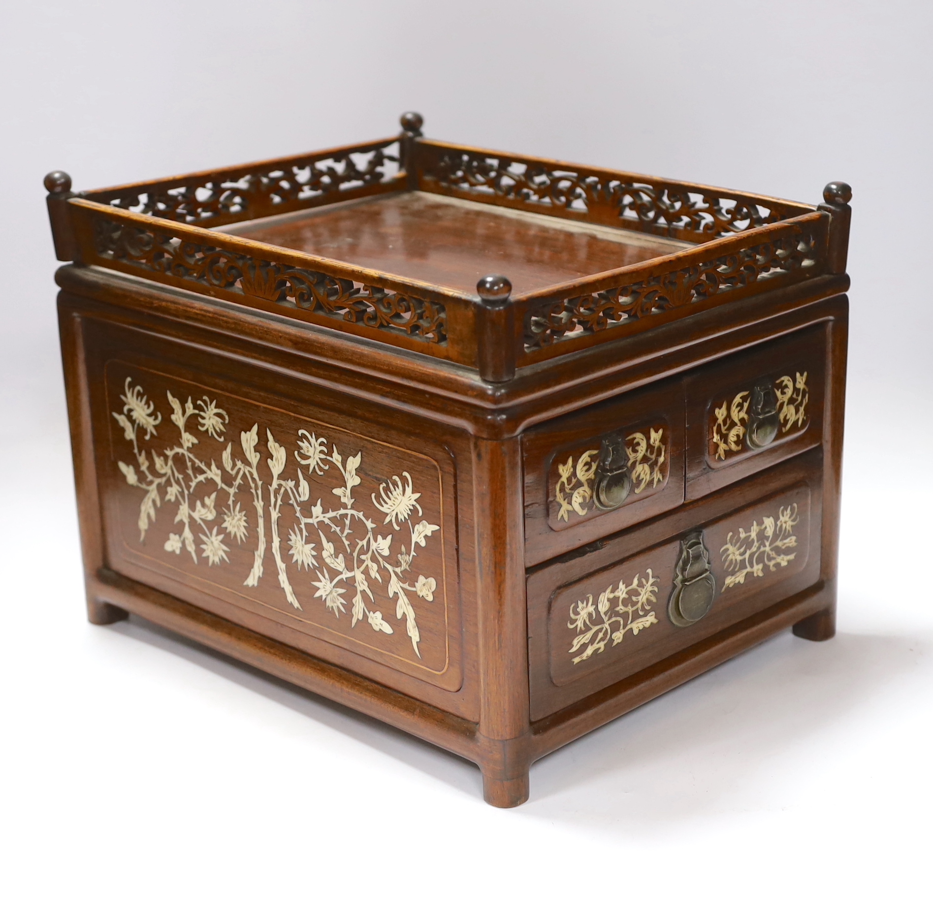 A calligrapher’s box with bone inlay and three fitted drawers, 34cm in length